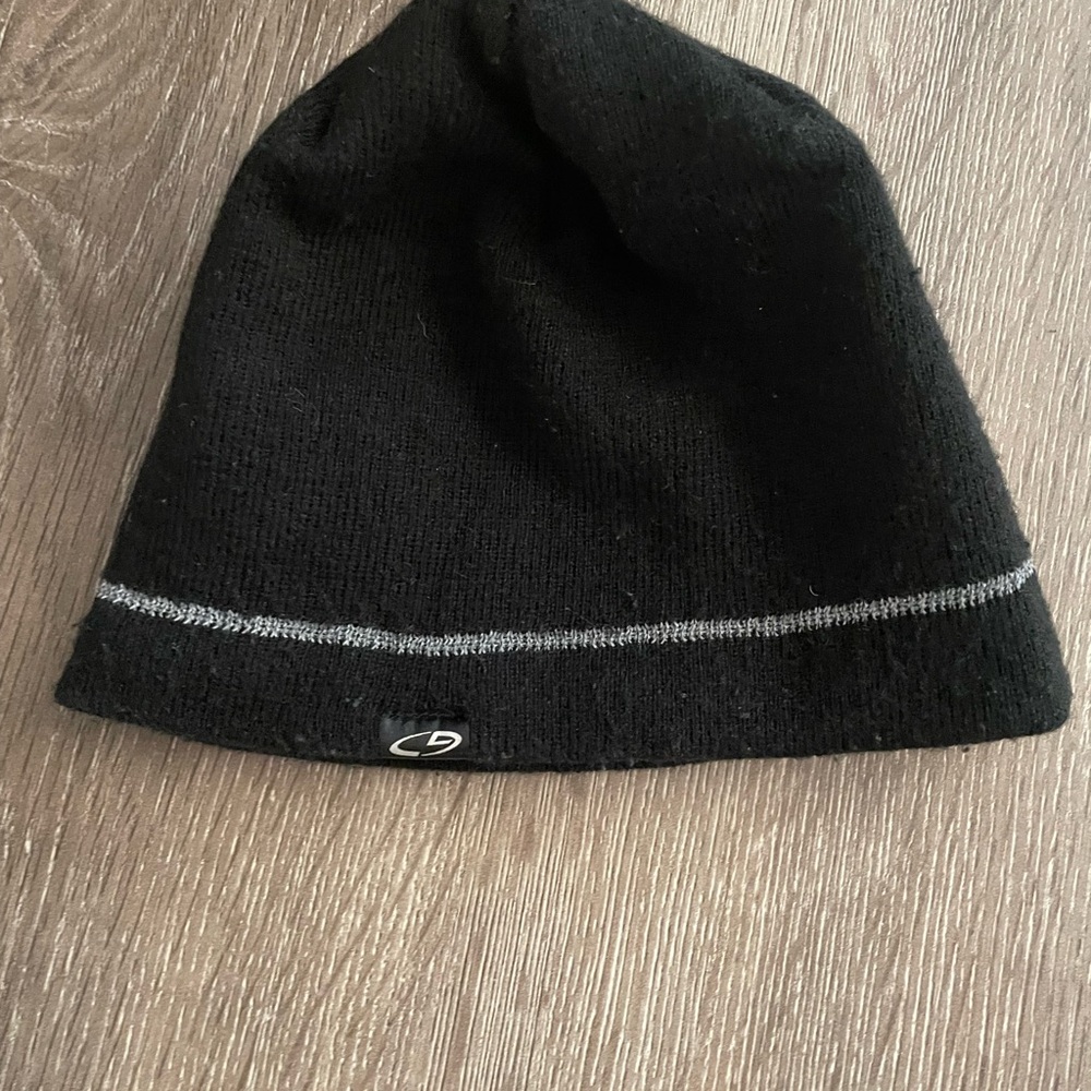 Black Knit Beanie with Gray Stripe